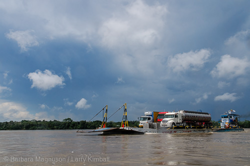 River traffic on Napo River in the Ecuadorian Amazon. Everything travels by boat.